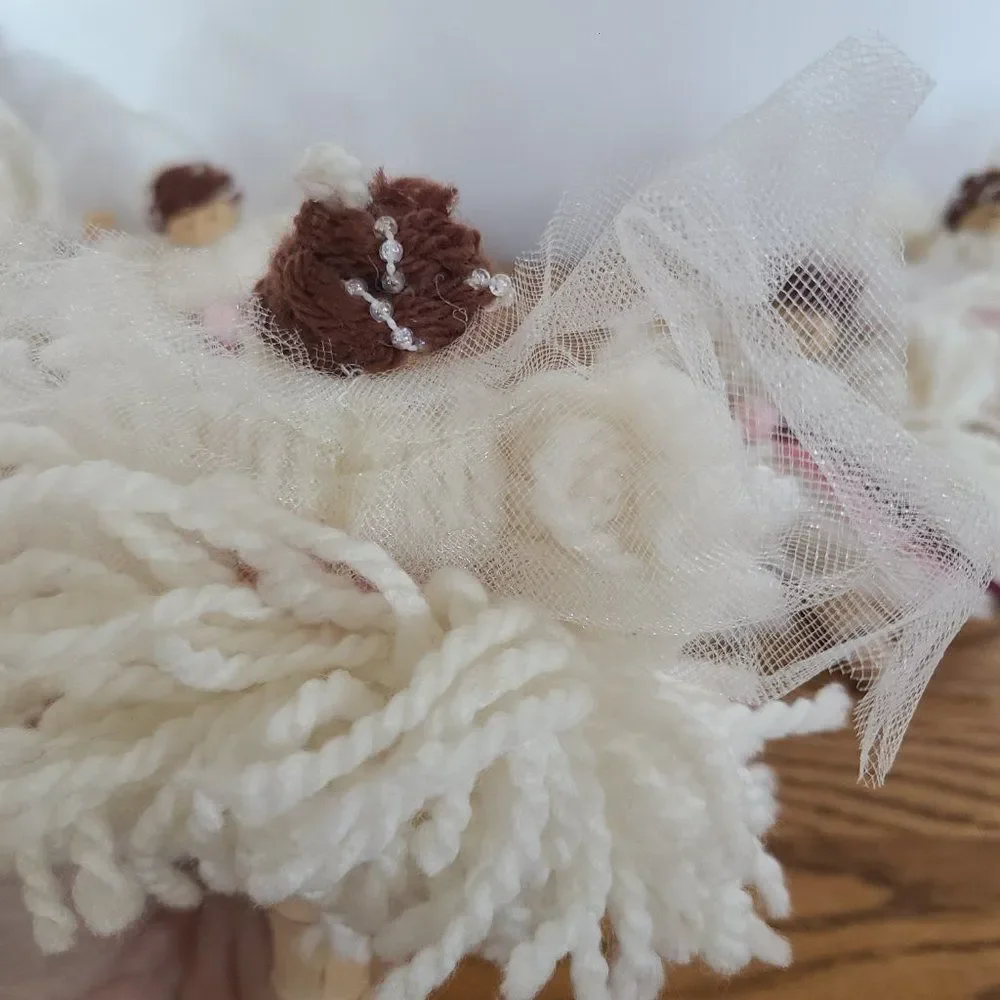 Vintage Five Yarn Mop Dolls Thimble Wood Bead Satin Ribbon Tulle Accent Handmade
